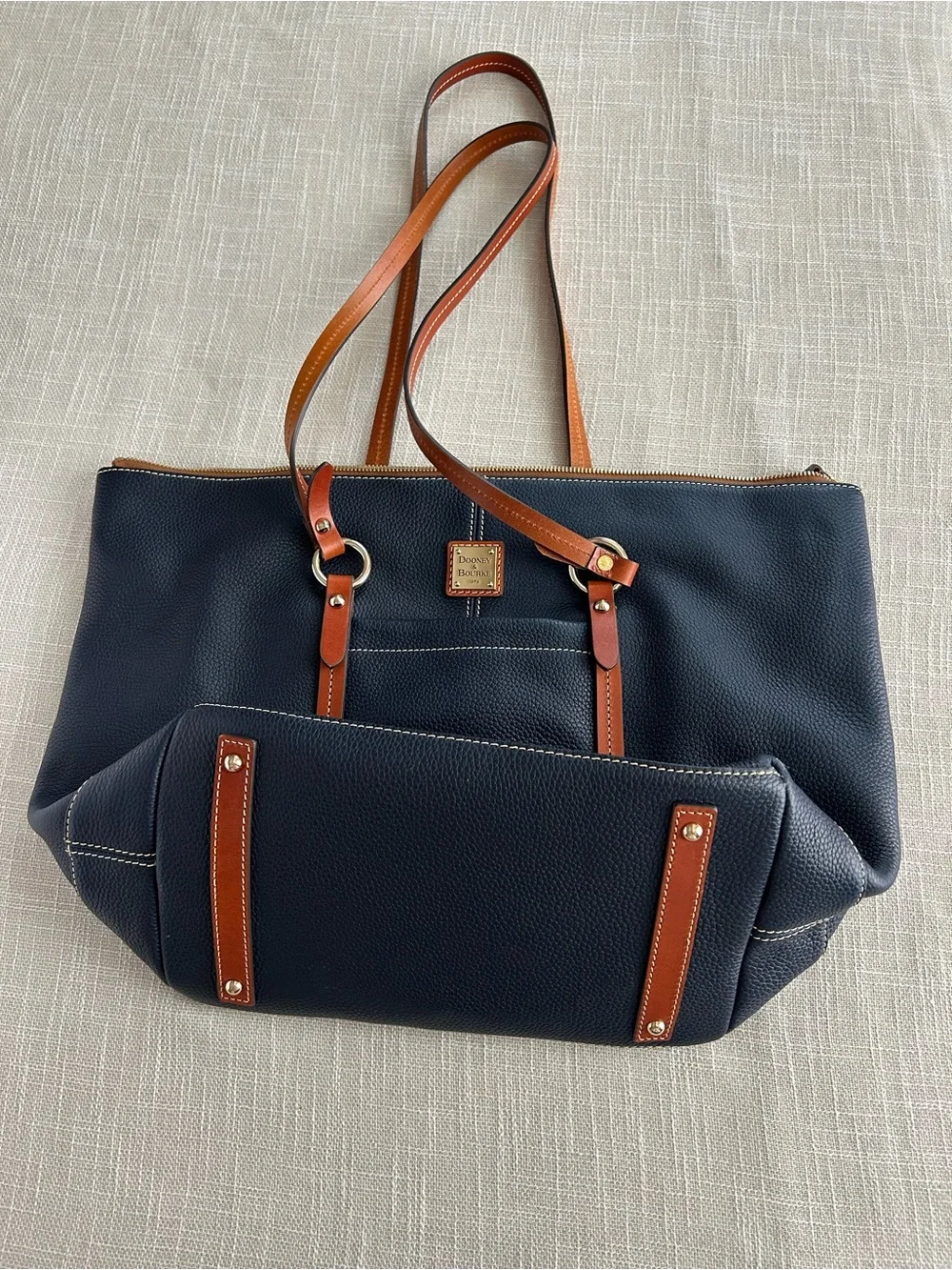 Dooney & Bourke Navy Leather Tote with Brown Trim and Straps